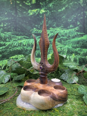 Подсвечник алтарный «Трезубец ☥ 032» (дерево Соно, 6 свечей, 2 аметиста) | Ручная работа Бали