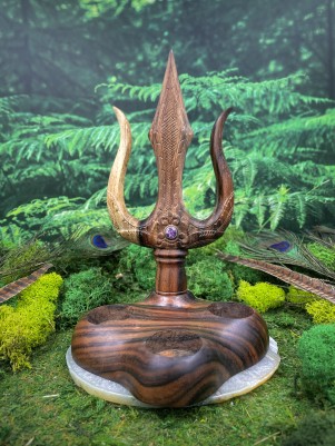 Подсвечник алтарный «Трезубец ☥ 030» (дерево Соно, 3 свечи, аметист) | Ручная работа Бали