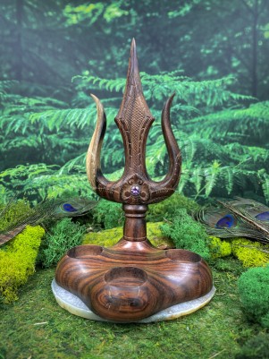 Подсвечник алтарный «Трезубец ☥ 031» (дерево Соно, аметист, 3 свечи) | Ручная работа Бали