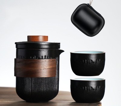 Гайвань керамическая со сливником и 2 пиалы - Чёрный