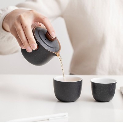 Гайвань керамическая и 3 пиалы - Чёрный с деревом