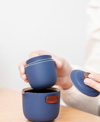 Гайвань керамическая и 3 пиалы - Синий с деревом