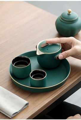 Гайвань керамическая "Золотая Кайма" и 2 пиалы - Зелёный с деревом. Золотая кайма