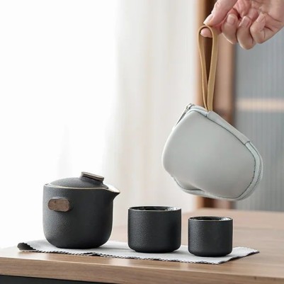 Гайвань керамическая "Золотая Кайма" и 2 пиалы - Чёрный с деревом. Золотая кайма