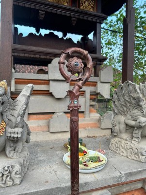 Посох Папы Римского: Спираль Жизни, из дерева Соно ручной работы, с камнями лабрадорит и голубой топаз.